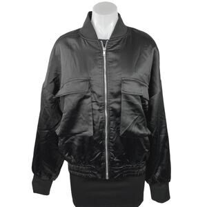 Beginning Boutique Black Satin Zip Up Long Sleeve Bomber Jacket Coat Size 6